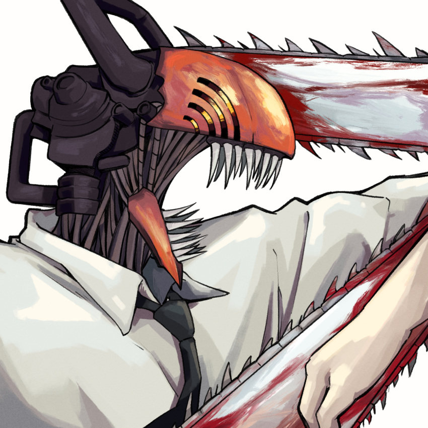 1boy black_necktie blood blood_on_weapon chainsaw chainsaw_man collared_shirt cropped_torso denji_(chainsaw_man) from_side highres jacket looking_to_the_side male_focus necktie open_mouth portrait sharp_teeth shirt simple_background solo teeth tongue upper_body weapon white_background white_shirt yellow_eyes yuma_kahara