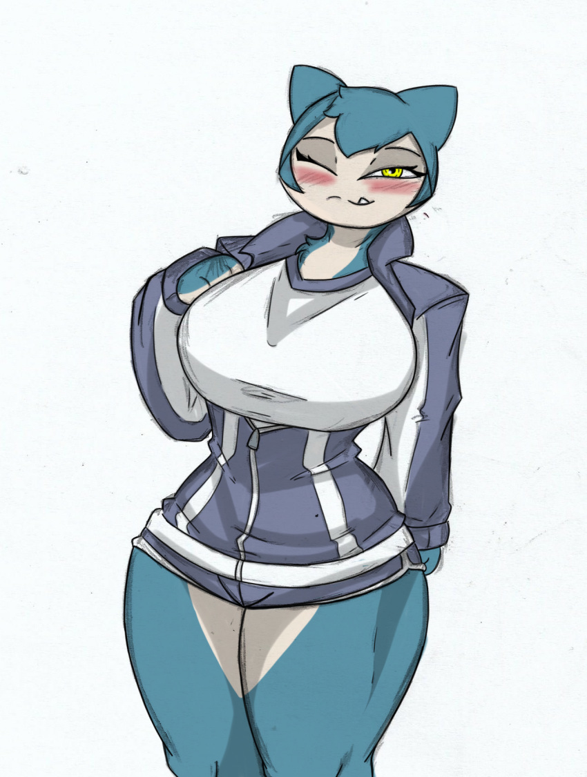 anthro bessie big_breasts blush bottomwear breasts clothing fan_character female generation_1_pokemon gym_bottomwear gym_clothing gym_shorts hi_res nintendo pace-maker pokemon pokemon_(species) shorts snorlax solo thick_thighs tracksuit