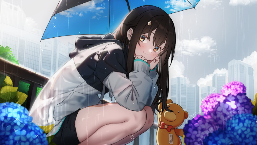 1girl ankimo_(tokino_sora) blush brown_eyes brown_hair diamond_hair_ornament dongchuan flower hair_flaps highres hololive hood hoodie long_hair long_sleeves looking_at_viewer rain shorts stuffed_animal stuffed_toy tokino_sora umbrella virtual_youtuber