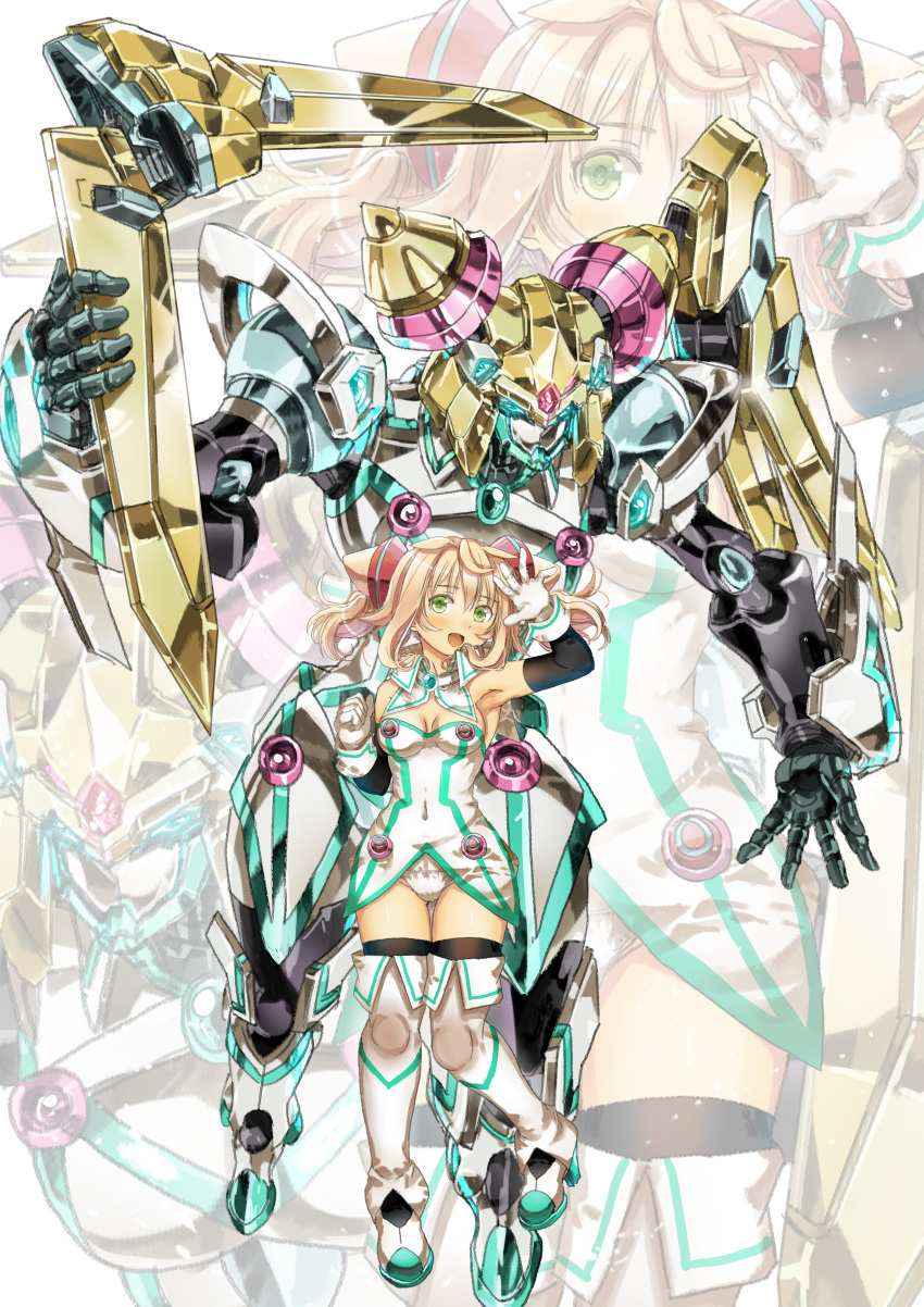 1girl absurdres armpits black_thighhighs blonde_hair blue_eyes boomerang boots breasts clenched_hand dress garimpeiro gloves glowing glowing_eyes green_eyes hacka_doll hacka_doll_1 highres holding mecha mechanization medium_breasts open_hand robot smile thigh_boots thighhighs white_dress white_footwear white_gloves zoom_layer