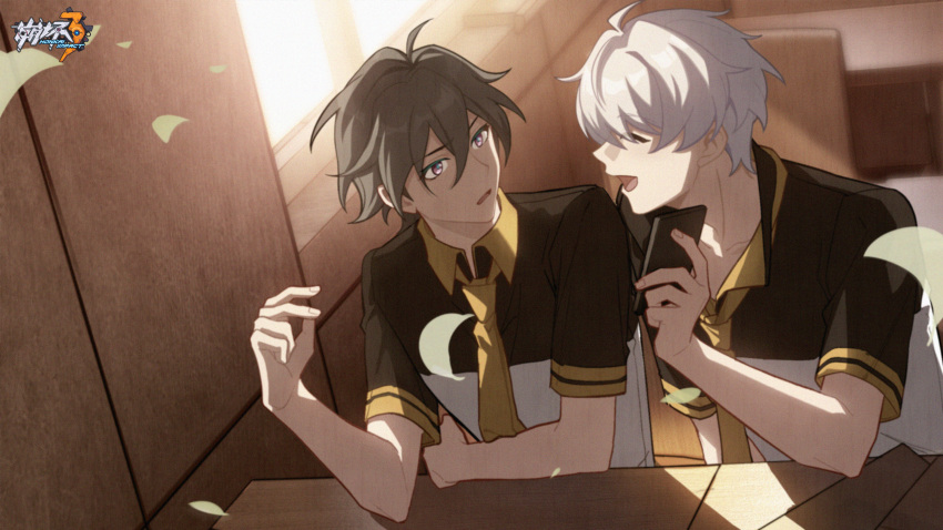 2boys ^_^ ahoge arm_support chair chinese_commentary classroom closed_eyes hair_between_eyes highres honkai_(series) honkai_impact_3rd kevin_kaslana logo looking_at_another male_focus multiple_boys necktie official_art official_wallpaper open_mouth sitting su_(honkai_impact) table white_hair window