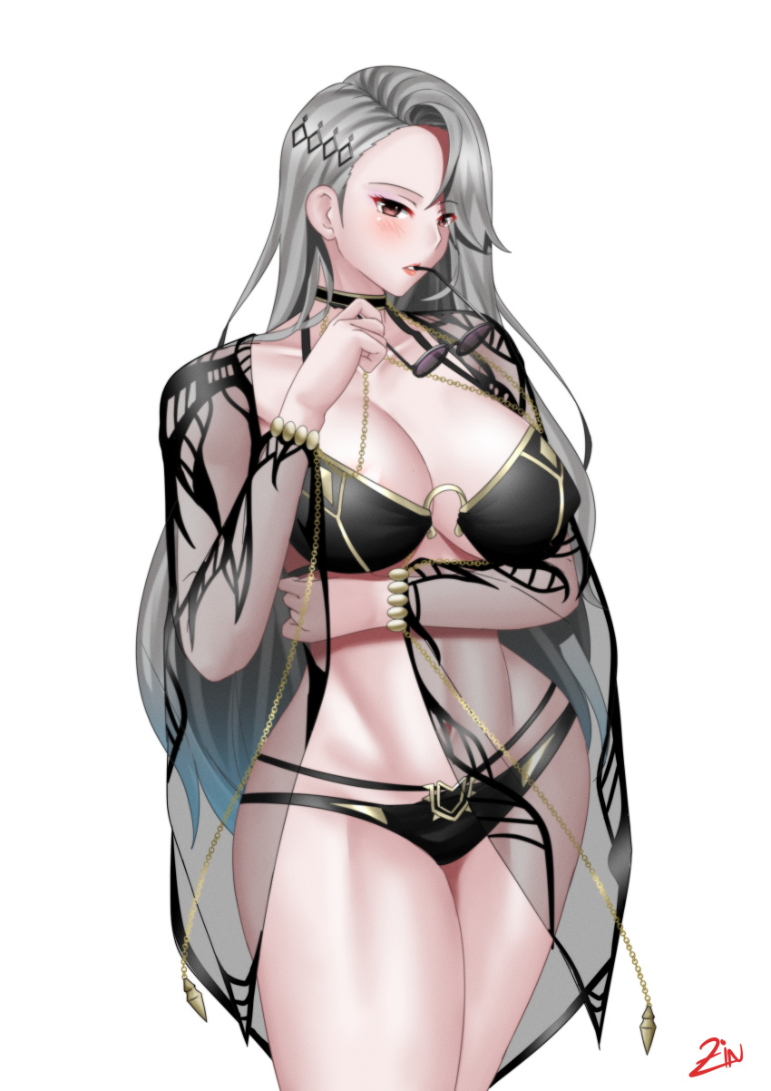 1girl absurdres arm_under_breasts ass asymmetrical_hair bikini black_bikini black_choker blush bracelet breasts brown_eyes carmilla_(fate) carmilla_(fate)_(cosplay) carmilla_(swimsuit_rider)_(fate) carmilla_(swimsuit_rider)_(third_ascension)_(fate) chain choker collarbone cosplay eyewear_in_mouth fate/grand_order fate_(series) glasses gold_chain grey_hair hair_ornament hairclip highres jewelry large_breasts long_hair mouth_hold navel niijima_sae o-ring o-ring_bikini persona persona_5 see-through signature simple_background solo stomach sunglasses swept_bangs swimsuit thighs white_background zinfian