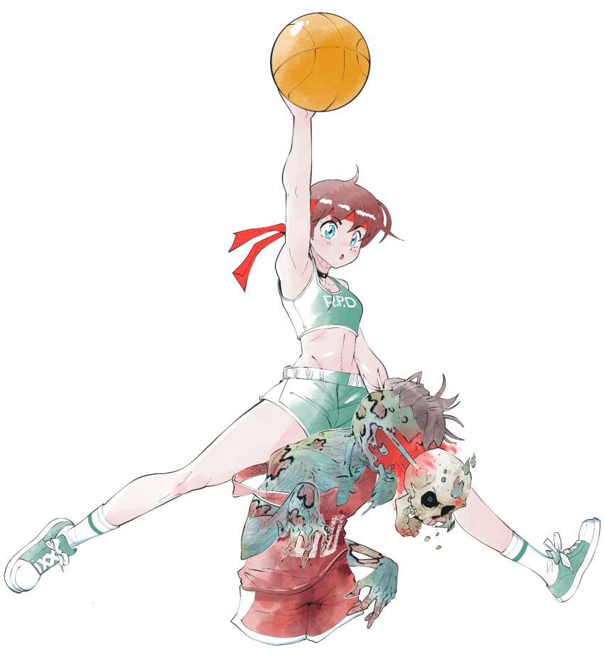 1boy 1girl arm_up ball basketball_(object) basketball_uniform blue_eyes brown_hair getinthegustaff green_sports_bra guro headband highres jumping official_alternate_costume rebecca_chambers red_headband resident_evil resident_evil_0 shoes short_hair short_shorts shorts simple_background skull slam_dunk_(basketball) sneakers sports_bra sportswear spread_legs white_background zombie
