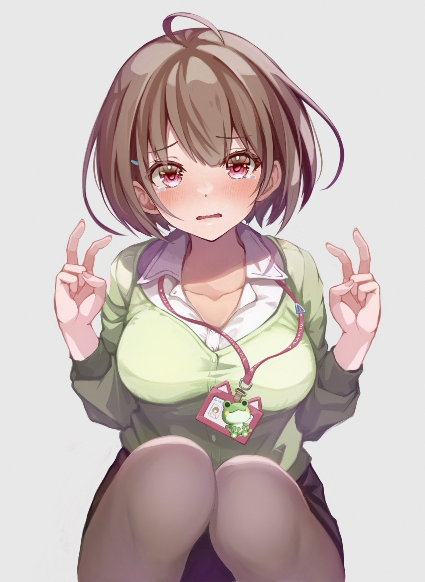 1girl ahoge black_pantyhose black_skirt blush breasts brown_hair cardigan collarbone collared_shirt commentary double_v facing_viewer feet_out_of_frame frog furrowed_brow green_cardigan grey_background hair_ornament hairclip harusaki_nodoka highres hololive id_card ist_lei_mikan lanyard medium_breasts miniskirt pantyhose parted_lips purple_eyes shirt shirt_tucked_in short_hair simple_background skirt solo squatting tearing_up tears v virtual_youtuber white_shirt wing_collar