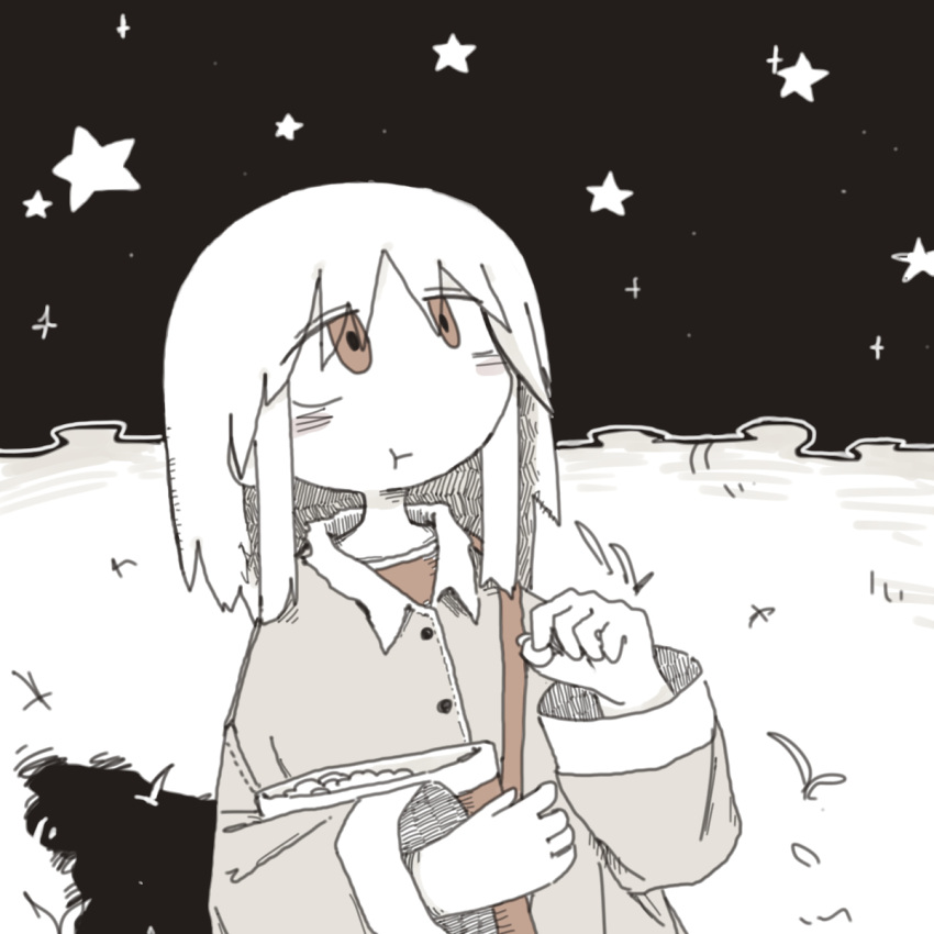 1girl :t blush_stickers brown_eyes collared_shirt eating food hatching_(texture) highres long_sleeves looking_up monochrome original popcorn puffy_cheeks shadow shirt sky solo star_(sky) starry_sky tareme torosakana white_hair