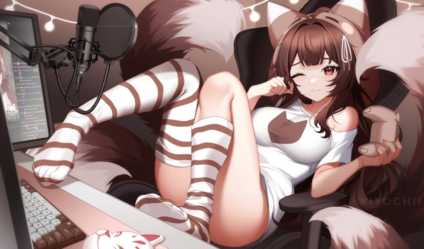 1girl animal_ears breasts closed_mouth commission feet fox_ears fox_mask fox_tail foxplushy highres hitodama indie_virtual_youtuber indoors keyboard_(computer) kiyochii knees_up large_breasts long_hair looking_at_viewer lying mask microphone_stand monitor off_shoulder on_back on_chair one_eye_closed shirt smile solo t-shirt tail thighhighs toes