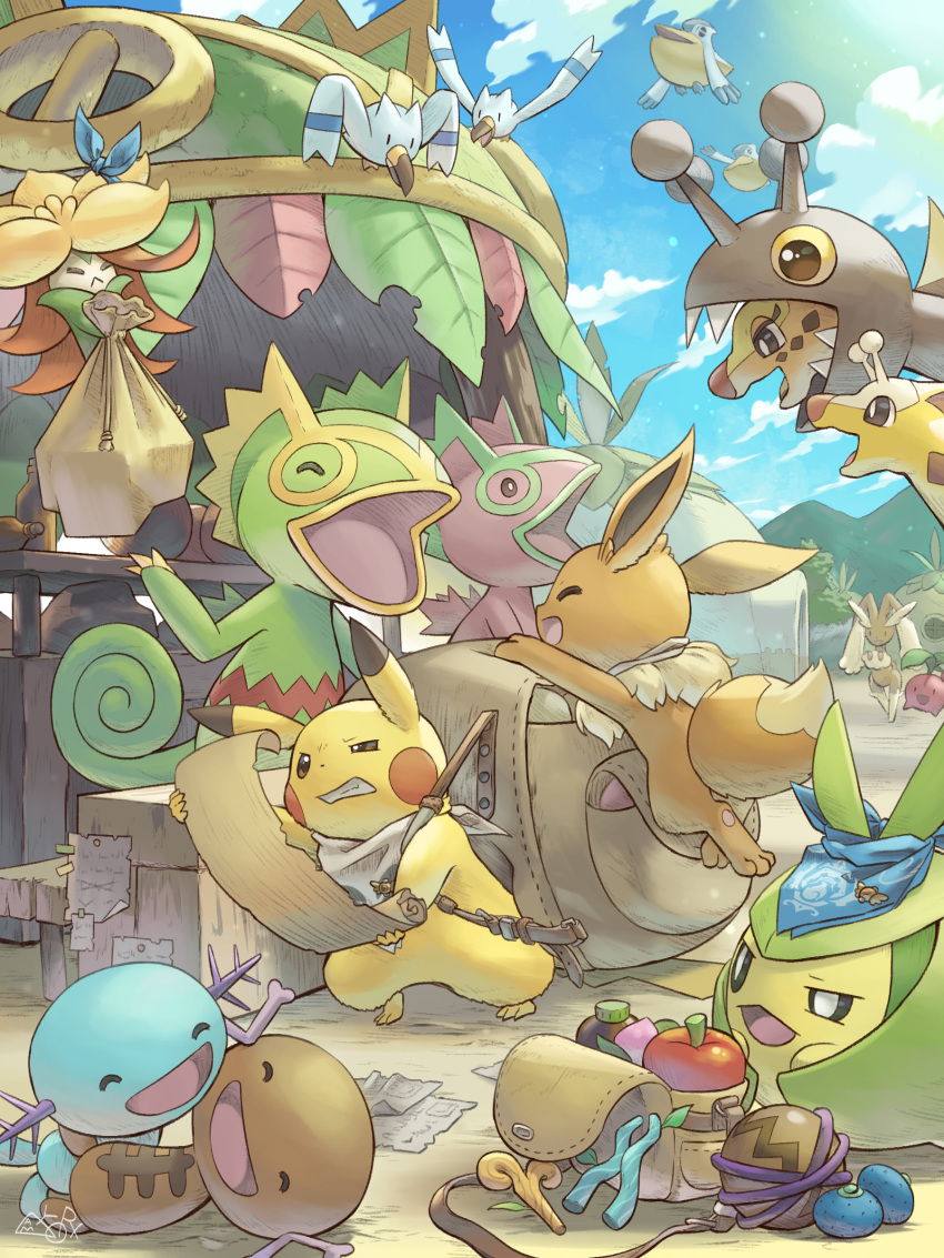 absurdres alternate_color apple backpack bag berry_(pokemon) blue_scarf cherubi eevee farigiraf food fruit fushigi_no_dungeon girafarig gossifleur hakkentai_pokedan happy highres kecleon lopunny merchant no_humans paldean_wooper pelipper pikachu pokemon pokemon_(creature) pokemon_(game) pokemon_mystery_dungeon scarf shiny_pokemon swadloon white_scarf wingull wooper