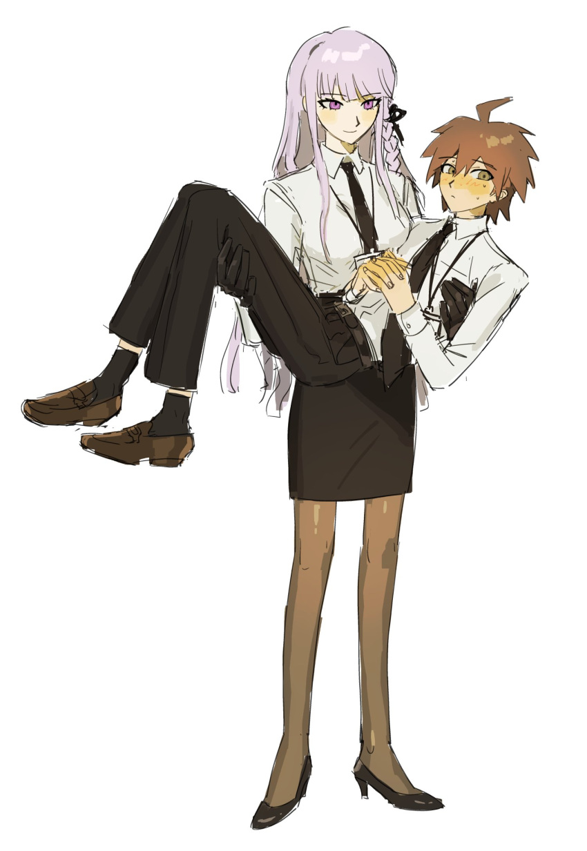 1boy 1girl black_necktie black_pants black_ribbon blush braid brown_footwear brown_hair brown_pantyhose carrying collared_shirt danganronpa:_trigger_happy_havoc danganronpa_(series) full_body hair_ribbon high_heels highres kirigiri_kyoko mota_(motaberrie) necktie pants pantyhose princess_carry purple_hair ribbon shirt short_hair side_braid simple_background standing white_background white_shirt