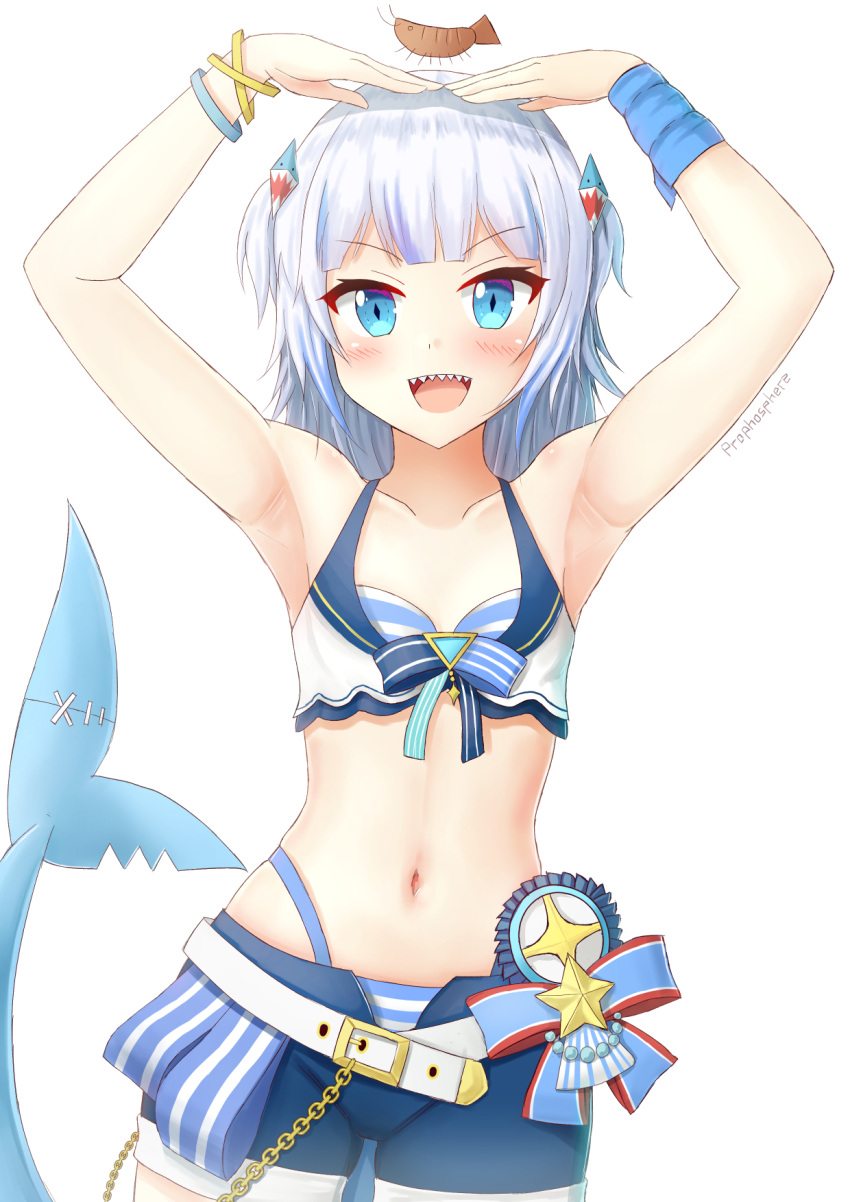 1girl :d armpits arms_up belt belt_buckle bikini bikini_under_clothes blue_eyes blue_hair blue_shorts breasts buckle collarbone commentary_request fins fish_tail front-tie_bikini_top front-tie_top gawr_gura hair_ornament highres hololive hololive_english hololive_summer_2023_swimsuit looking_at_viewer multicolored_hair navel open_clothes open_fly open_shorts prophosphere shark_tail sharp_teeth short_shorts shorts signature simple_background small_breasts smile solo star_(symbol) streaked_hair striped striped_bikini swimsuit tail teeth two_side_up virtual_youtuber white_background white_belt white_bikini