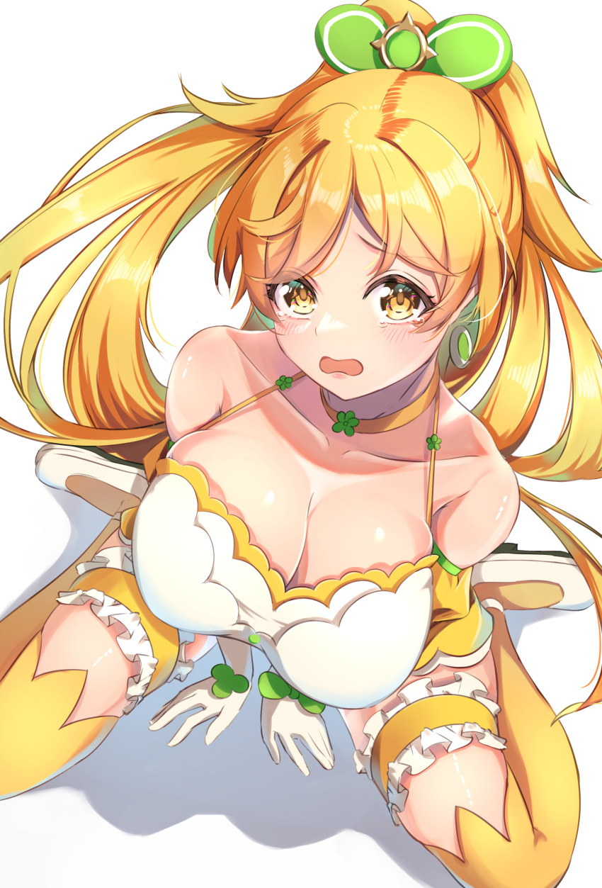 1girl absurdres arm_support black_shirt blonde_hair blush breasts bridal_garter choker collarbone highres kneeling large_breasts looking_at_viewer oekaki_zombie onko_akino open_mouth parted_hair ponytail shirt sleeveless solo spaghetti_strap tearing_up thighhighs white_footwear wixoss yellow_choker yellow_eyes yellow_thighhighs