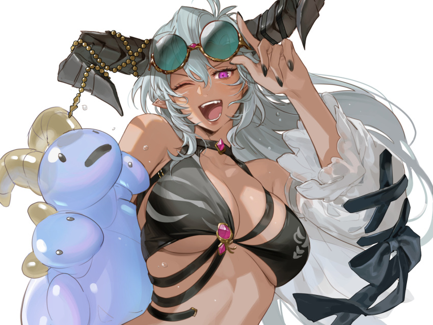 1girl bikini black_bikini black_nails breasts collarbone dark_skin dragon_horns eyewear_on_headwear fediel_(granblue_fantasy) granblue_fantasy grey_hair highres horns inflatable_toy large_breasts long_hair looking_at_viewer one_eye_closed open_mouth pointy_ears purple_eyes round_eyewear sanditk_gbf solo sunglasses swimsuit