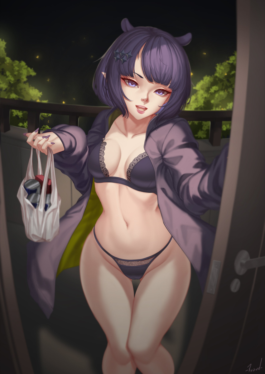 1girl absurdres bag blue_eyes blunt_bangs bra breasts cleavage collarbone door door_handle doorknob doorway entrance highres holding holding_bag hololive hololive_english jacket lace lace-trimmed_bra lace_trim lingerie medium_breasts mole mole_under_eye navel ninomae_ina'nis oakproud open_clothes open_door open_jacket open_mouth panties pointy_ears pov_doorway purple_hair purple_nails short_hair signature smile solo underwear virtual_youtuber