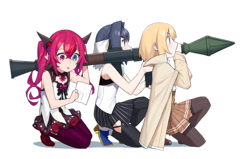 blonde_hair blue_eyes blue_hair bob_cut boots dasdokter hair_intakes heterochromia high_heel_boots high_heels holding hololive hololive_english horns irys_(hololive) long_hair long_sleeves mitsuboshi_colors multicolored_hair multiple_girls ouro_kronii parody pointy_ears purple_eyes purple_hair red_hair rocket_launcher rpg short_hair skirt streaked_hair thighhighs trench_coat very_long_hair virtual_youtuber watson_amelia weapon white_background