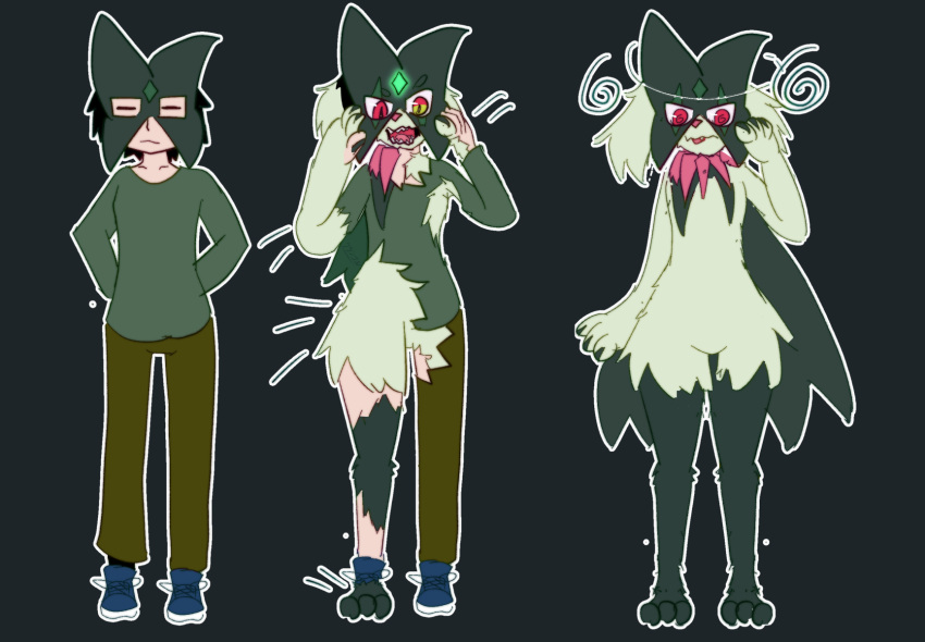 ambiguous_gender anthro clothing crumbleumble generation_9_pokemon hi_res humanoid loss_of_self meowscarada mid_transformation mind_control nintendo pokemon pokemon_(species) solo spiral spiral_eyes torn_clothing transformation transformation_sequence