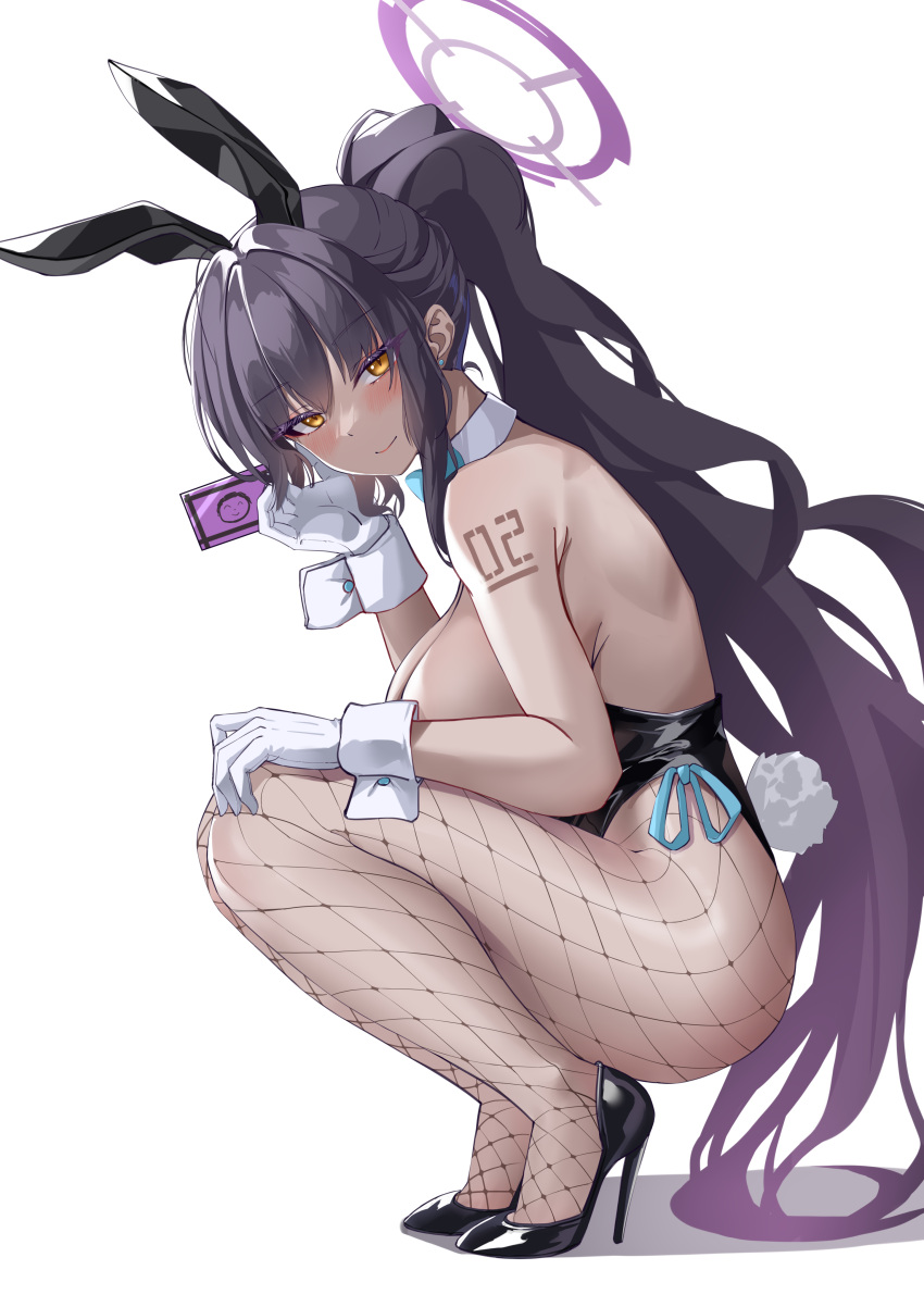 1girl absurdres animal_ears aqua_bow aqua_bowtie arona's_sensei_doodle_(blue_archive) black_footwear black_hair black_leotard blue_archive blush bow bowtie breasts card cleavage commentary dark-skinned_female dark_skin detached_collar fake_animal_ears fake_tail fishnet_pantyhose fishnets from_side gloves gradient_hair halo high_heels highleg highleg_leotard highres holding holding_card kaijiba karin_(blue_archive) karin_(bunny)_(blue_archive) large_breasts leotard long_hair looking_at_viewer looking_to_the_side multicolored_hair official_alternate_costume pantyhose playboy_bunny ponytail purple_hair rabbit_ears rabbit_tail revision sensei_(blue_archive) sideboob simple_background smile solo squatting tail very_long_hair white_background white_gloves wrist_cuffs