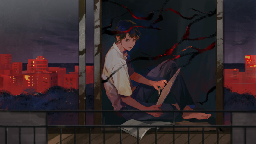 1boy balcony barefoot black_hair black_pants book branch building city collared_shirt commentary_request day from_outside from_side grey_sky highres holding holding_pencil juuni_kokuki knee_up looking_to_the_side male_focus nanjou_(sumeragimishiro) on_floor open_book overcast pants pencil railing reflection school_uniform shirt short_hair sitting sky sliding_doors solo taiki_(juuni_kokuki) white_shirt