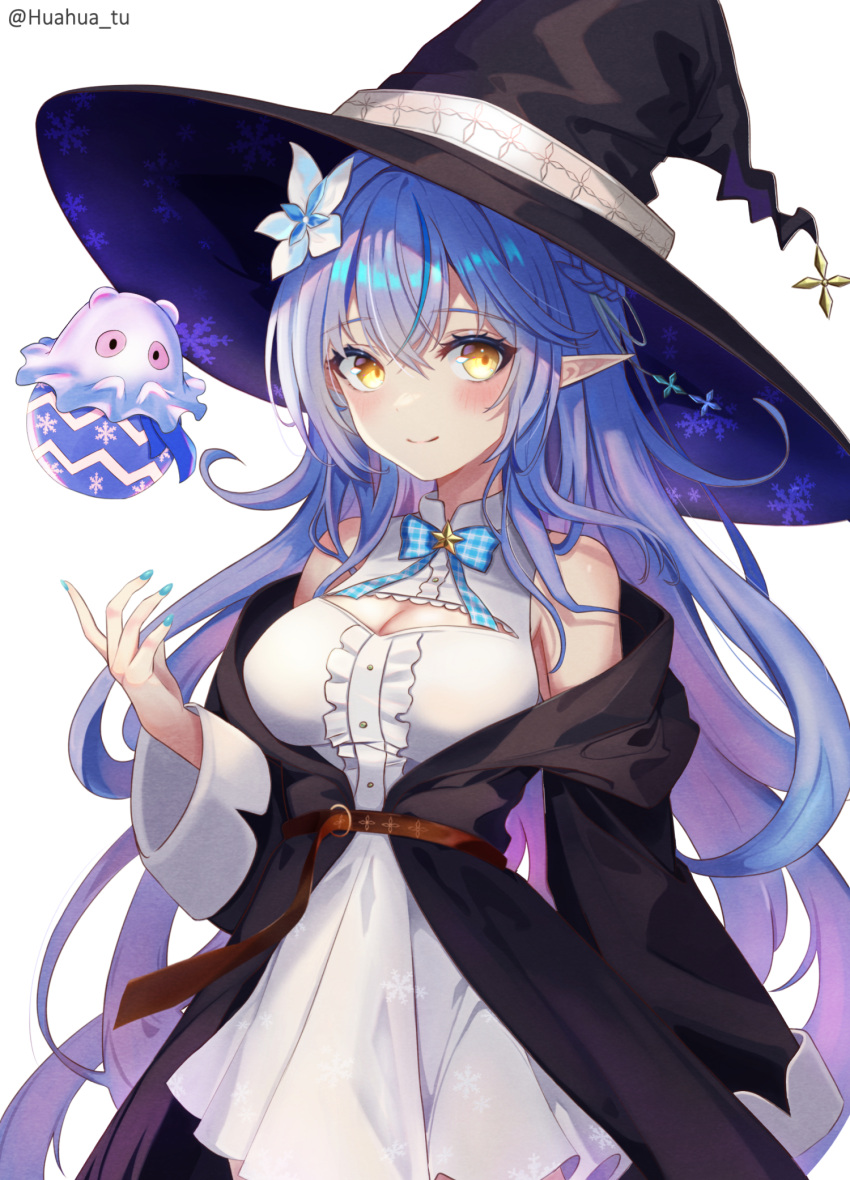 1girl blue_hair blue_nails breasts cleavage daifuku_(yukihana_lamy) dress flower ghost_costume hair_flower hair_ornament hat highres hololive large_breasts long_hair pointy_ears smile snowflake_print virtual_youtuber white_background witch_hat yellow_eyes yukihana_lamy