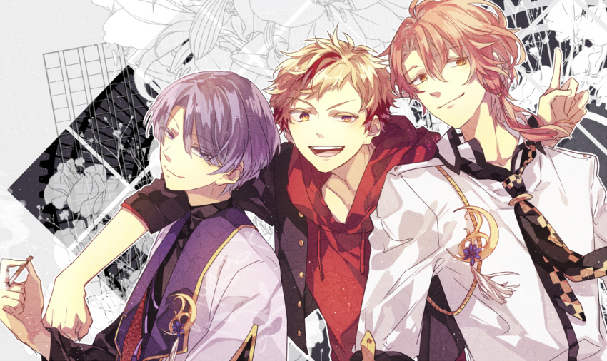 3boys :d arm_around_shoulder asymmetrical_hair black_jacket black_necktie black_shirt blonde_hair bungou_to_alchemist checkered_necktie cigarette clenched_hand closed_mouth collared_shirt crescent crescent_pin cropped_jacket curtained_hair drawstring floral_background genkou_youshi grey_background hair_between_eyes hair_over_one_eye holding holding_cigarette hood hood_down hoodie index_finger_raised ishikawa_takuboku_(bungou_to_alchemist) jacket kitahara_hakushuu_(bungou_to_alchemist) layered_sleeves long_sleeves looking_at_viewer looking_to_the_side low_tied_sidelocks male_focus medium_hair multicolored_hair multiple_boys necktie open_collar pink_hair purple_eyes purple_hair rainy4024 red_hair red_hoodie shirt short_bangs short_hair short_over_long_sleeves short_sleeves single_sidelock sleeves_rolled_up smile streaked_hair takamura_koutarou_(bungou_to_alchemist) tareme tassel teeth turtleneck uneven_eyes upper_body upper_teeth_only v-shaped_eyebrows white_jacket white_shirt yellow_eyes