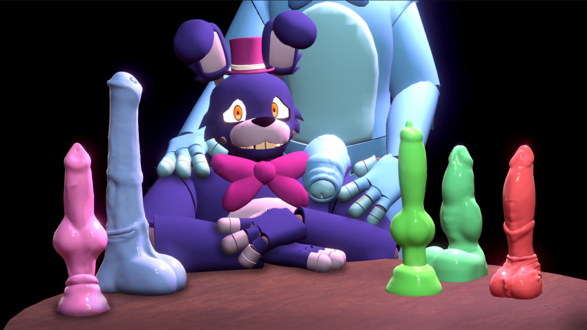 anthro big_penis bonnie_(fnaf) dildo dildo_collection duo fan_character five_nights_at_freddy's genitals hi_res huge_penis male male/male penis penis_on_shoulder richardbunbon scottgames sex_toy solo ych_(character)