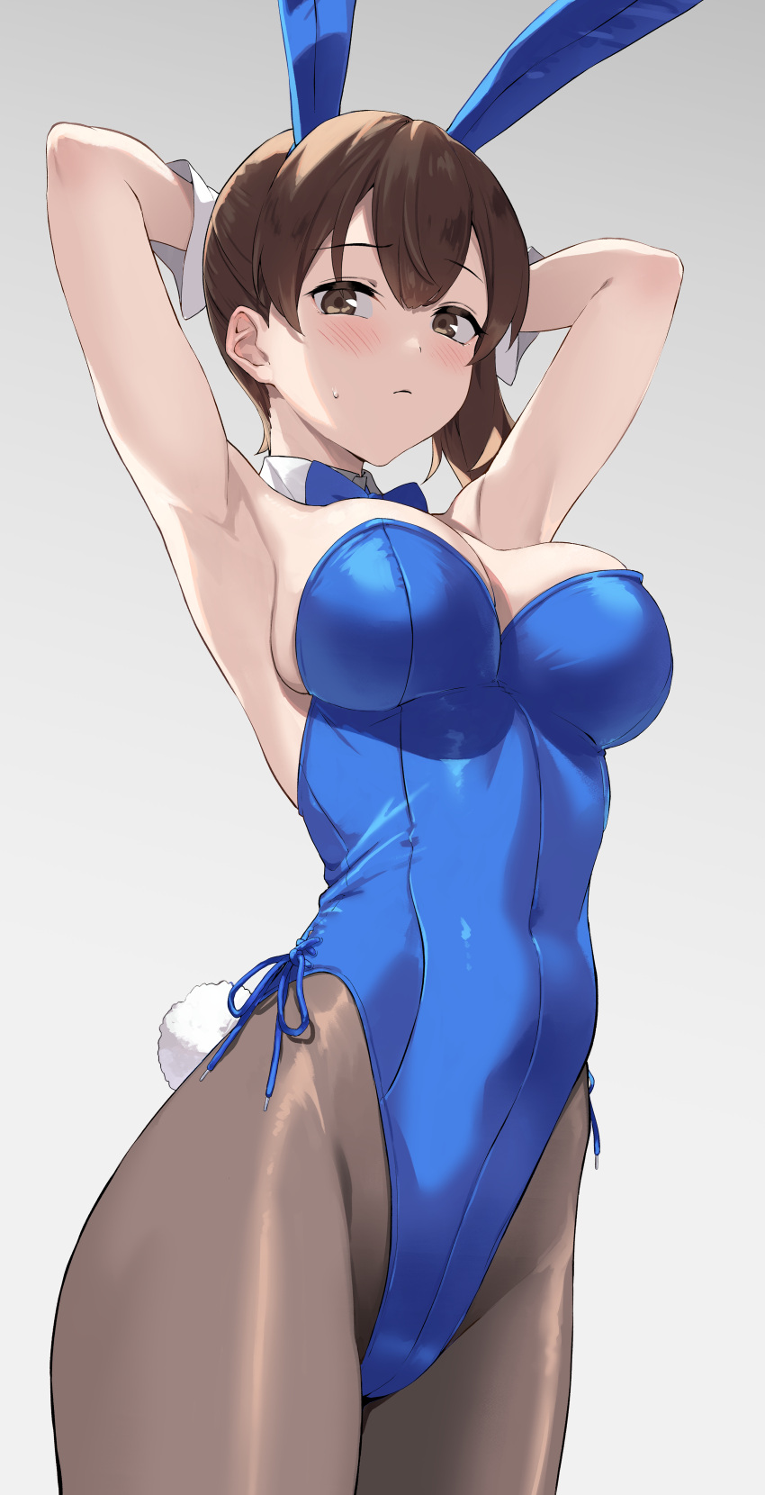 1girl absurdres animal_ears armpits arms_behind_head arms_up black_pantyhose blue_bow blue_bowtie blue_leotard blush bow bowtie breasts brown_eyes brown_hair bunny_day cleavage commentary_request detached_collar fake_animal_ears fake_tail gradient_background highres kaga_(kancolle) kantai_collection large_breasts leotard looking_at_viewer pantyhose playboy_bunny prime rabbit_ears rabbit_tail side_ponytail simple_background strapless strapless_leotard sweat sweatdrop tail wrist_cuffs