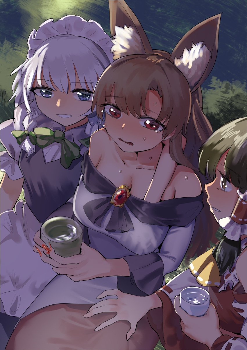3girls \||/ absurdres animal_ears ascot black_hair blue_eyes bow breasts brooch brown_eyes brown_hair cup dress fingernails grabbing grabbing_another's_breast green_bow grey_hair gunnjou_yosio hakurei_reimu highres holding holding_cup imaizumi_kagerou izayoi_sakuya jewelry large_breasts maid_headdress multiple_girls night outdoors parted_lips red_eyes red_nails sitting sweat teeth thigh_grab touhou wolf_ears yellow_ascot yuri