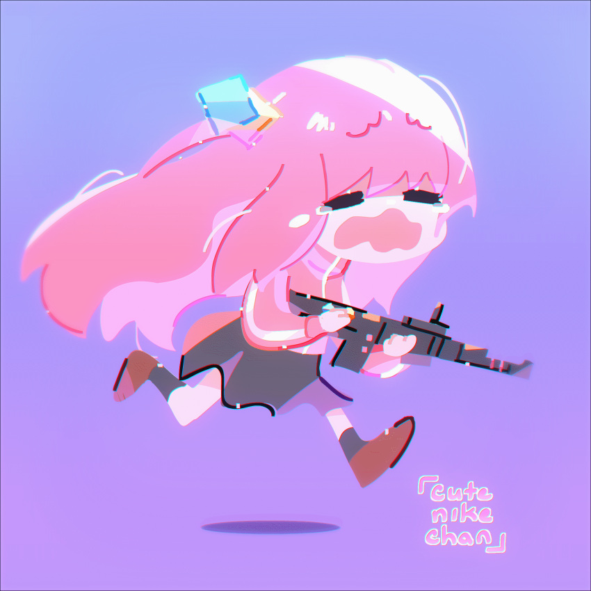 1girl animated animated_gif artist_name black_skirt black_socks bocchi_the_rock! brown_footwear closed_eyes crying cube_hair_ornament cutenikechan gotoh_hitori gun hair_ornament highres holding holding_weapon jacket long_hair long_sleeves one_side_up open_mouth pink_hair pink_jacket rifle running shoes skirt socks solo track_jacket very_long_hair weapon