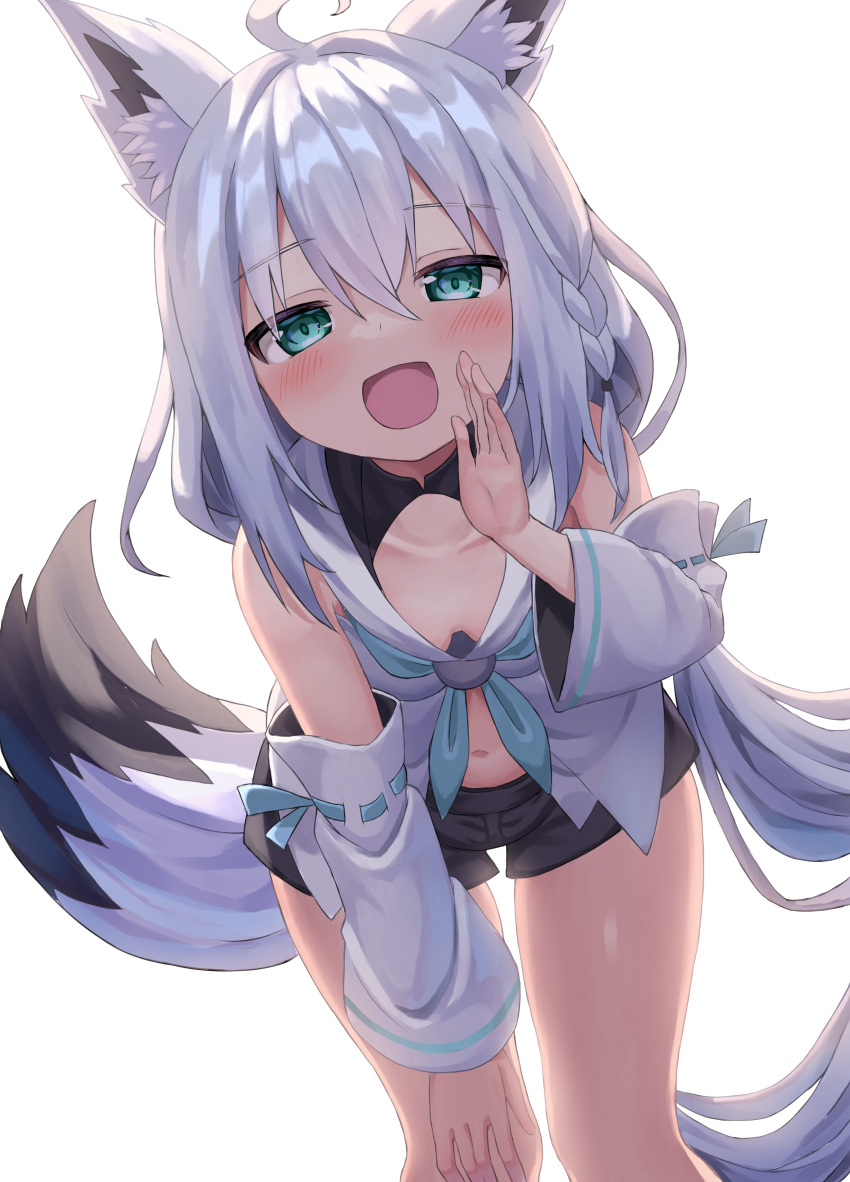 1girl absurdres ahoge animal_ear_fluff animal_ears bent_over black_shorts blue_neckerchief blush braid breasts cleavage collarbone commentary_request detached_sleeves fox_ears fox_girl fox_tail green_eyes hair_between_eyes highres hololive hood hoodie kajitsu_no_hito long_hair looking_at_viewer midriff navel neckerchief open_mouth shirakami_fubuki short_shorts shorts sidelocks simple_background single_braid small_breasts solo tail virtual_youtuber white_background white_hair white_hoodie