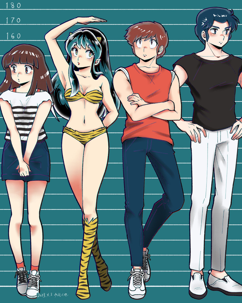 2boys 2girls animal_print arm_behind_back arm_up bikini black_shirt blue_pants boots breasts brown_hair cleavage crossed_arms green_hair hands_on_own_hips height_chart highres horns knee_boots long_hair lum mendou_shuutarou miyake_shinobu moroboshi_ataru multiple_boys multiple_girls oni_horns orange_eyes own_hands_together pants shirt sleeves_rolled_up swimsuit tiger_print urusei_yatsura white_footwear white_pants yudemotchi