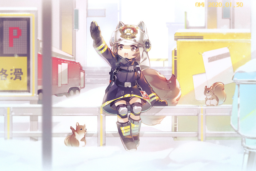 1girl :o arknights arm_support arm_up belt belt_buckle black_belt black_footwear black_gloves black_shirt black_shorts boots brown_eyes brown_hair buckle chmingjing dress fire_truck full_body gloves helmet knee_pads long_sleeves motor_vehicle on_railing open_mouth outstretched_arm railing see-through see-through_dress shaw_(arknights) shirt short_hair shorts sitting solo squirrel squirrel_girl squirrel_tail tail teeth truck upper_teeth_only white_headwear