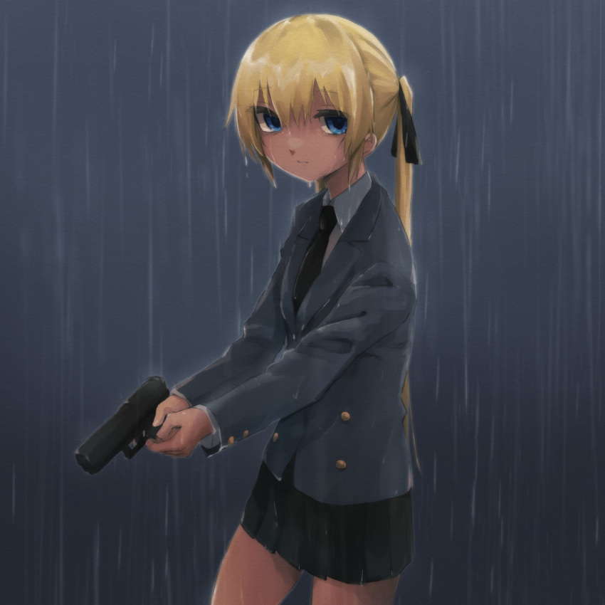 1girl black_necktie black_ribbon black_skirt blonde_hair blue_eyes closed_mouth gun hair_between_eyes hair_ribbon handgun highres holding holding_gun holding_weapon jacket kill_me_baby long_hair long_sleeves looking_at_viewer necktie panties pleated_skirt rain ribbon skirt solo sonya_(kill_me_baby) twintails underwear weapon wet wet_clothes wet_panties yachima_tana