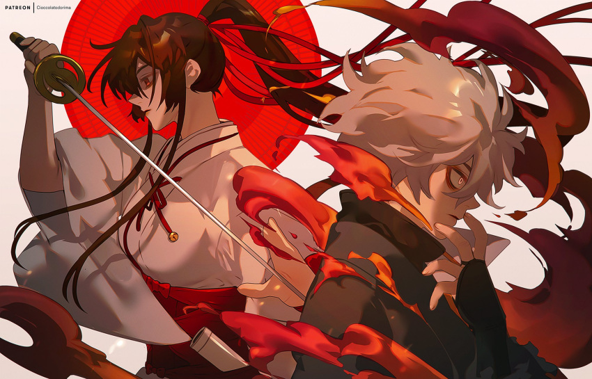 1boy 1girl artist_name black_robe bridal_gauntlets brown_hair cioccolatodorima gabimaru hair_ribbon high_ponytail highres holding holding_sword holding_weapon jigokuraku katana long_hair looking_to_the_side ninja obi red_ribbon ribbon robe sash short_hair smoke sword weapon white_hair white_robe yamada_asaemon_sagiri