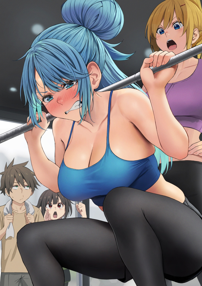 1boy 3girls aqua_(konosuba) bare_shoulders black_pants black_shorts blonde_hair blue_eyes blue_hair blue_sports_bra blurry blurry_background blush breasts brown_hair cleavage clenched_teeth collarbone darkness_(konosuba) exercise foreshortening green_eyes hair_between_eyes hair_bun hair_ornament hairclip hand_on_own_hip hands_up highres holding indoors izawa_(bhive003) kono_subarashii_sekai_ni_shukufuku_wo! large_breasts long_hair looking_down looking_up megumin multiple_girls nose_blush open_mouth pants red_eyes satou_kazuma shirt shorts single_hair_bun sports_bra squatting strap_gap teeth towel towel_around_neck upper_teeth_only v-shaped_eyebrows yoga_pants