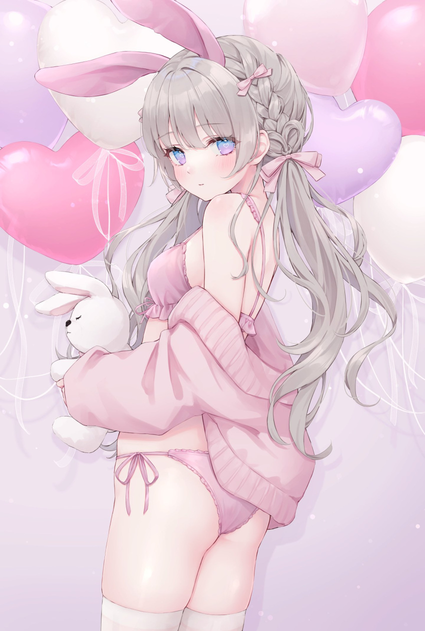 1girl animal_ears ass balloon bare_back bare_shoulders blue_eyes bra braid breasts closed_mouth cowboy_shot doll_hug fake_animal_ears from_behind front-tie_bra front-tie_top gradient_eyes grey_hair heart_balloon highres jacket lace-trimmed_panties lace_trim long_hair long_sleeves looking_at_viewer looking_back multicolored_eyes object_hug off_shoulder open_clothes open_jacket original panties pink_bra pink_jacket pink_panties purple_eyes rabbit_ears shano_hiyori side-tie_panties small_breasts solo standing string_bra string_panties stuffed_animal stuffed_rabbit stuffed_toy thighhighs thighs twintails underwear white_thighhighs