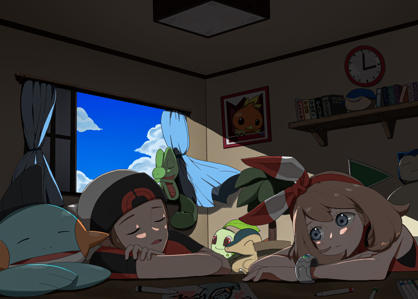 1boy 1girl absurdres baeming beanie blue_sky blush brendan_(pokemon) chikorita clock closed_eyes commentary_request cyndaquil flag hat highres light_brown_hair looking_at_another marshtomp may_(pokemon) mega_ring plant pokemon pokemon_(game) pokemon_oras potted_plant sky sleeping snorlax stuffed_toy torchic treecko wailmer window