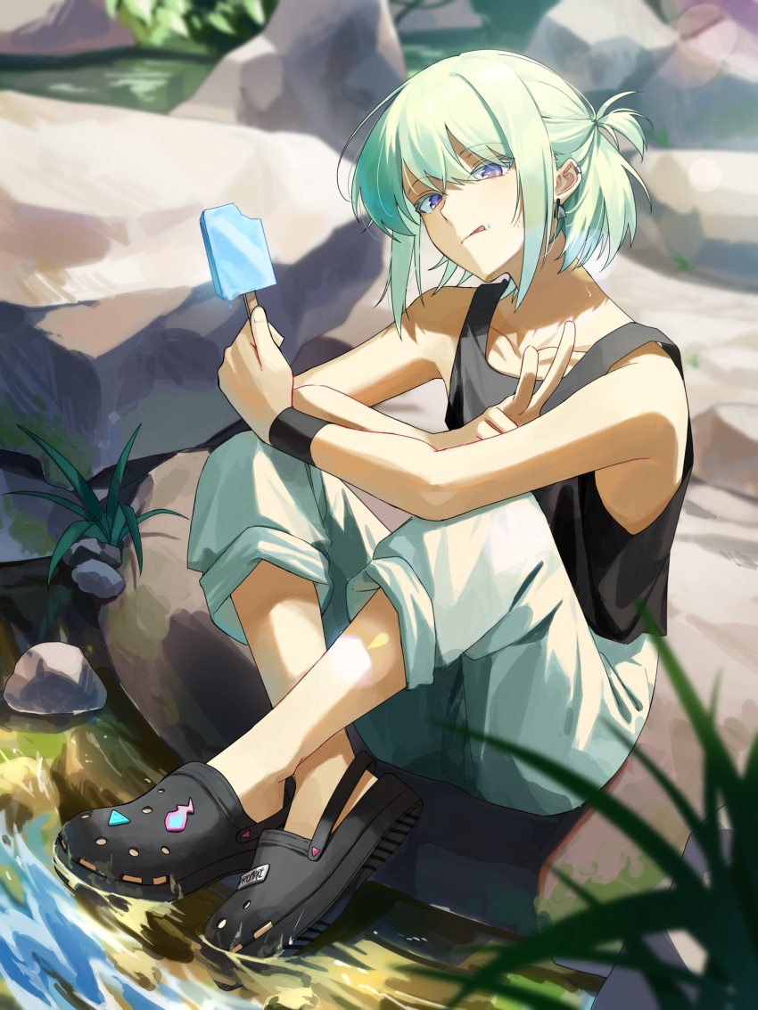 1boy :q alternate_costume alternate_hairstyle black_footwear black_tank_top black_wristband casual colored_eyelashes commentary crocs crossed_ankles earrings food full_body green_hair highres holding holding_food holding_popsicle jewelry knees_up lio_fotia looking_at_viewer male_focus one_side_up otoko_no_ko outdoors pants pants_rolled_up popsicle prmattotia promare purple_eyes rock short_hair sidelocks sitting solo symbol-only_commentary tank_top tongue tongue_out triangle_earrings v white_pants
