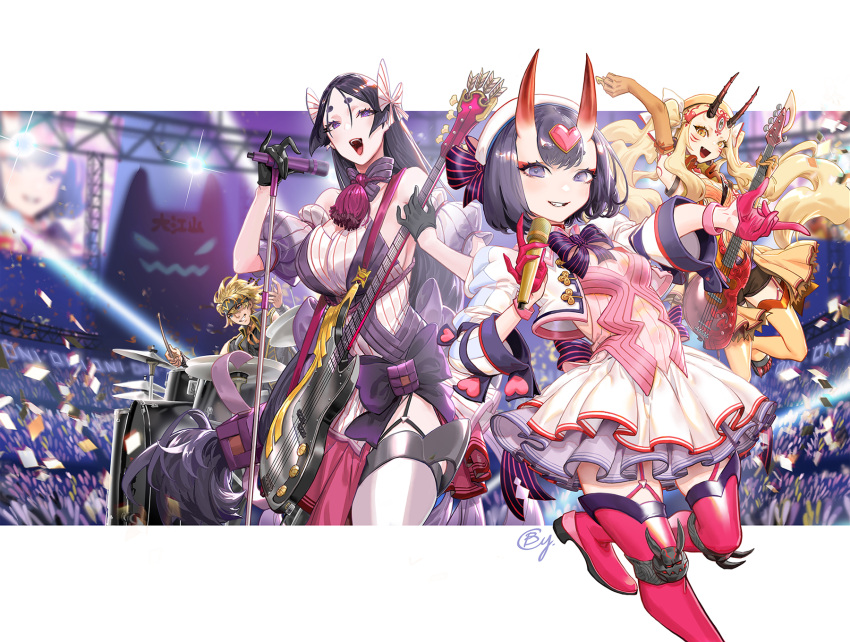 1boy 3girls audience b.c.n.y. band black_gloves blonde_hair boots cropped_jacket crowd dress drum elbow_gloves eyeliner fate/grand_order fate_(series) frills gloves guitar highres horns ibaraki_douji_(fate) instrument long_hair low-tied_long_hair makeup minamoto_no_raikou_(fate) multiple_girls open_mouth pink_footwear purple_dress purple_eyes purple_hair sakata_kintoki_(fate) shuten_douji_(fate) skin-covered_horns smile thigh_boots very_long_hair