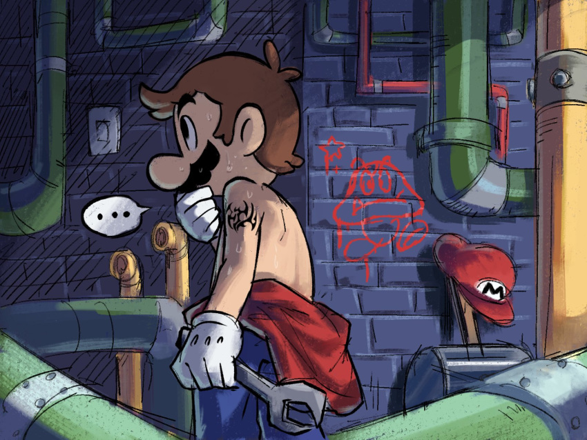 ... 1boy arm_tattoo black_eyes blue_pants brown_hair clothes_around_waist facial_hair gloves goomba hammer hat highres holding holding_wrench indoors industrial_pipe male_focus mari_luijiroh mario mario_(series) mustache pants profile red_headwear solo sweat tattoo topless_male unworn_hat unworn_headwear white_gloves wrench