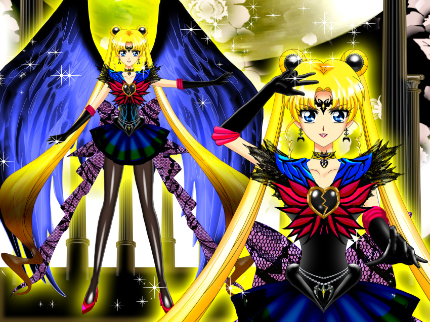 1girl absurdres back_bow bishoujo_senshi_sailor_moon black_choker black_shirt blonde_hair blue_eyes blue_sailor_collar blue_skirt bow bowtie brooch choker circlet corruption crescent crescent_earrings dark_persona double_bun dual_persona earrings hair_bun heart heart_brooch high_heels highres jewelry lips long_hair luna_rune miniskirt pantyhose parted_bangs pleated_skirt red_bow red_bowtie red_footwear sailor_collar sailor_moon shirt short_sleeves skirt smile solo twintails very_long_hair wings