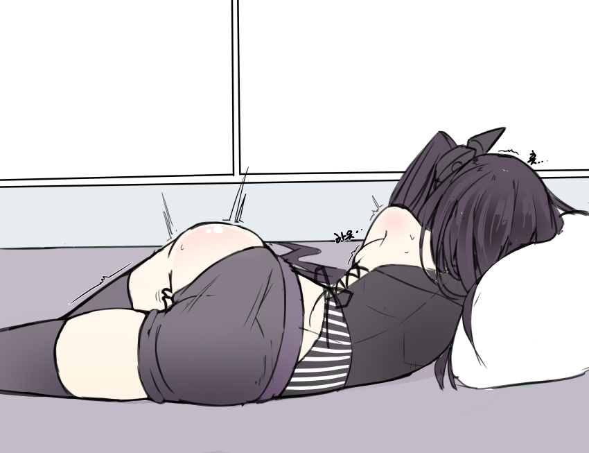 1girl ^^^ absurdres architect_(girls'_frontline) ass asymmetrical_shorts back backboob bad_id bad_pixiv_id bed black_hair black_shirt black_shorts black_thighhighs breasts commentary cross-laced_clothes cross-laced_top female_masturbation from_behind girls'_frontline hair_ornament highres indoors jwh korean_text long_hair lying masturbation medium_breasts on_bed on_side one_side_up pillow sangvis_ferri shirt shorts single_bare_shoulder solo sweat thighhighs translation_request very_long_hair