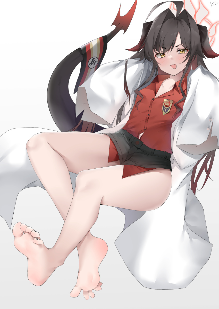 1girl absurdres ahoge bare_legs barefoot black_shorts blue_archive blush brown_hair coat collarbone demon_horns demon_tail feet hair_intakes halo highres horns kasumi_(blue_archive) lab_coat legs long_hair looking_at_viewer nail_polish open_collar red_shirt shirt shirt_tucked_in shorts sleeves_past_fingers sleeves_past_wrists smile soles solo tail thighs toenail_polish toenails toes very_long_hair white_coat yanwulazy