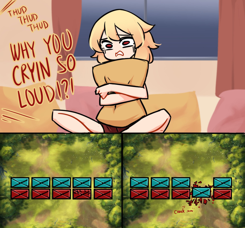 1girl blonde_hair centurii-chan centurii-chan_(artist) crack english_text forest from_above highres hugging_object long_hair nature original pillow pillow_hug red_curtains red_eyes sitting solo sound_effects tears window