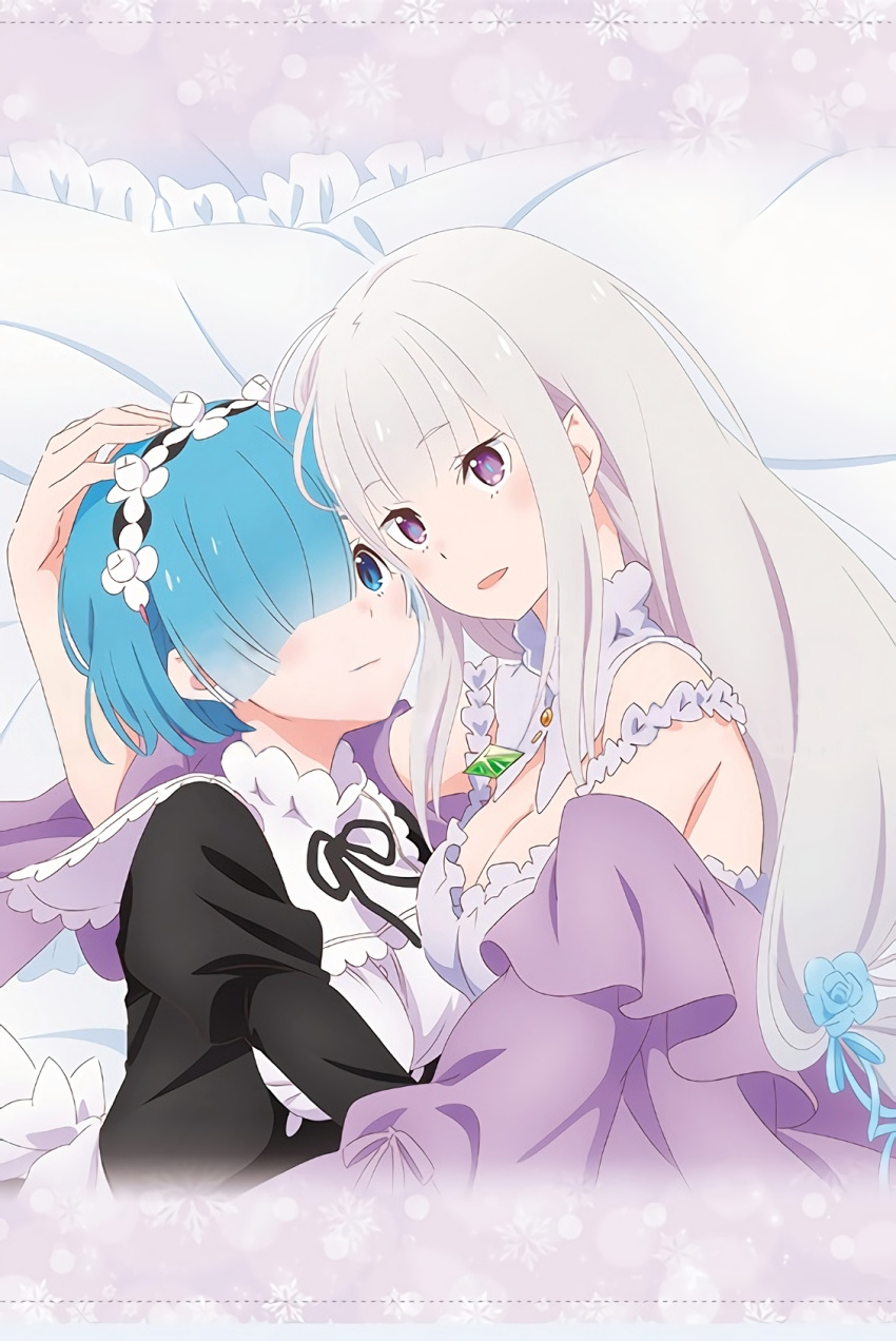 bad_source blue_eyes blue_hair breasts cleavage dress emilia_(re:zero) hair_ornament highres maid maid_headdress pointy_ears purple_ribbon re:zero_kara_hajimeru_isekai_seikatsu rem_(re:zero) ribbon ribbon-trimmed_clothes ribbon_trim short_hair white_hair x_hair_ornament