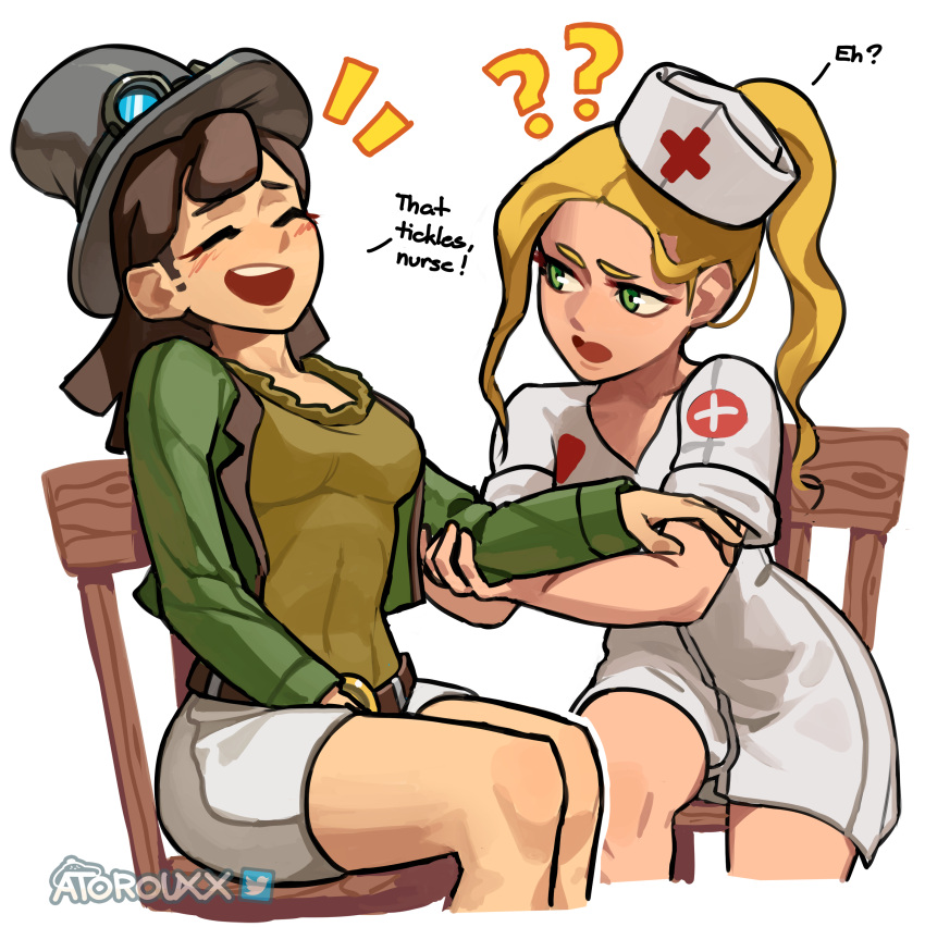 2girls ? ?? absurdres atoroux belt blonde_hair breasts chair closed_eyes english_commentary goggles goggles_on_headwear green_eyes hat highres jacket looking_at_another multiple_girls nurse_(terraria) nurse_cap open_mouth shirt sitting skirt steampunker_(terraria) terraria