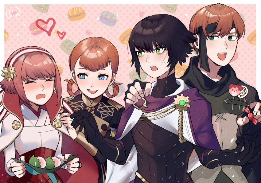 2boys 2girls annette_fantine_dominic black_hair blue_eyes candy closed_eyes fire_emblem fire_emblem:_three_houses fire_emblem_awakening fire_emblem_fates fire_emblem_heroes food gaius_(fire_emblem) green_eyes highres lollipop multiple_boys multiple_girls otr_(fire_emblem) red_hair runteya sakura_(fire_emblem) teeth upper_body upper_teeth_only