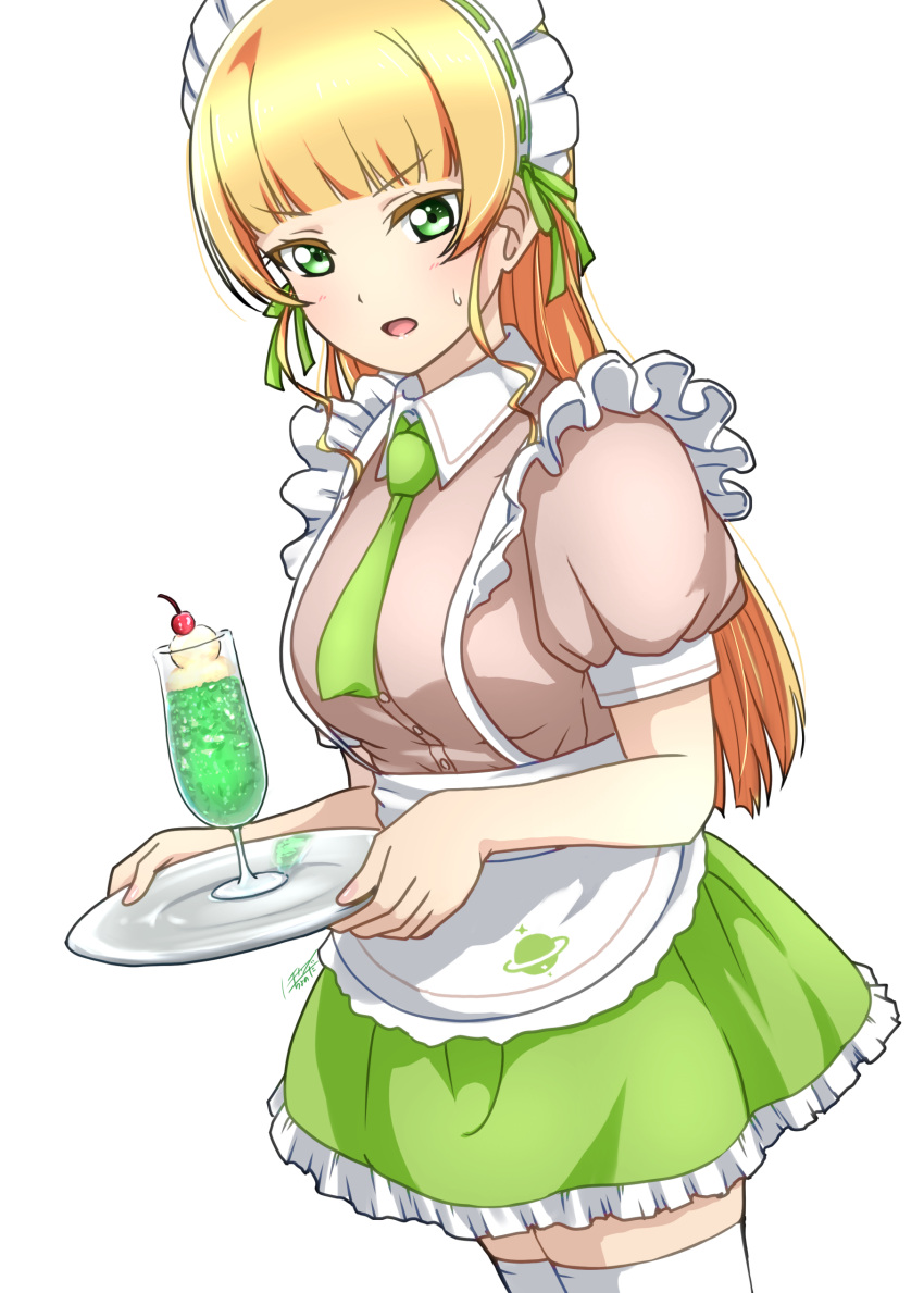 1girl absurdres alternate_costume apron blonde_hair blunt_bangs breasts cowboy_shot cup drink enmaided frills green_eyes green_skirt heanna_sumire highres holding holding_tray light_blush long_hair looking_at_viewer love_live! love_live!_superstar!! maid maid_apron maid_headdress medium_breasts open_mouth puffy_short_sleeves puffy_sleeves short_sleeves signature simple_background skirt solo surv1v3-13005993 sweatdrop thighhighs tray white_background white_thighhighs