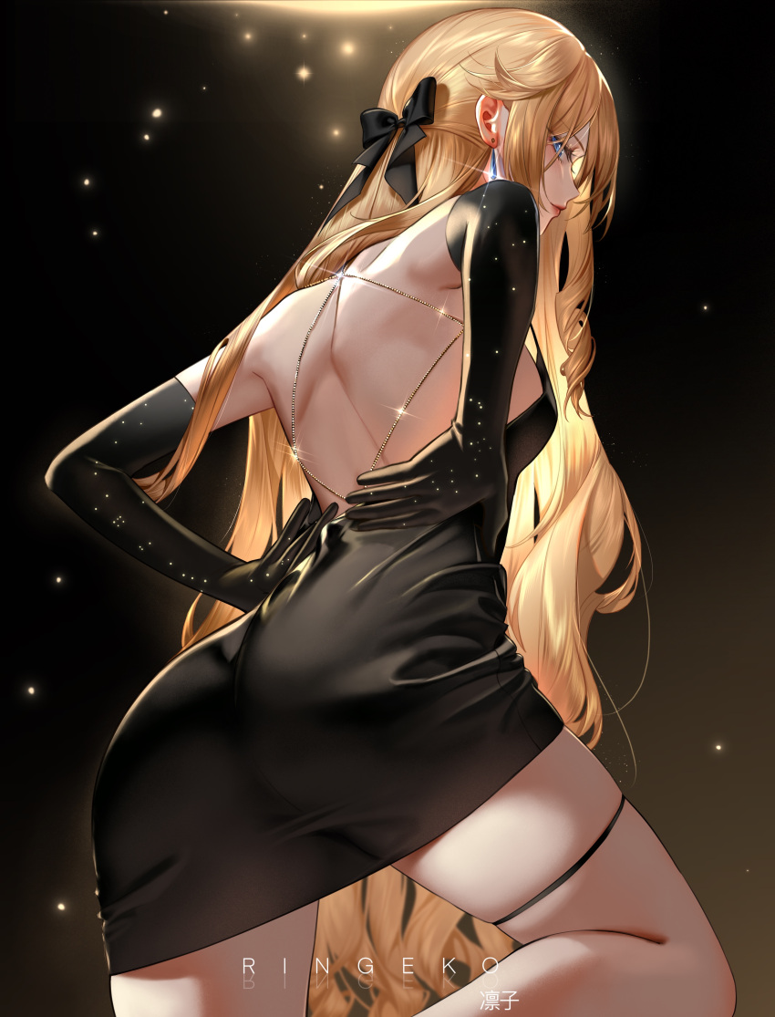 1girl absurdres alternate_costume artist_name ass backless_dress backless_outfit black_bow black_dress black_gloves blonde_hair blue_eyes bow breasts dangle_earrings dark_background dress earrings elbow_gloves from_behind genshin_impact gloves hair_bow hands_on_own_back highres jewelry long_hair looking_at_viewer looking_back medium_breasts navia_(genshin_impact) pencil_dress profile red_lips ringeko-chan short_dress solo sparkle thigh_strap