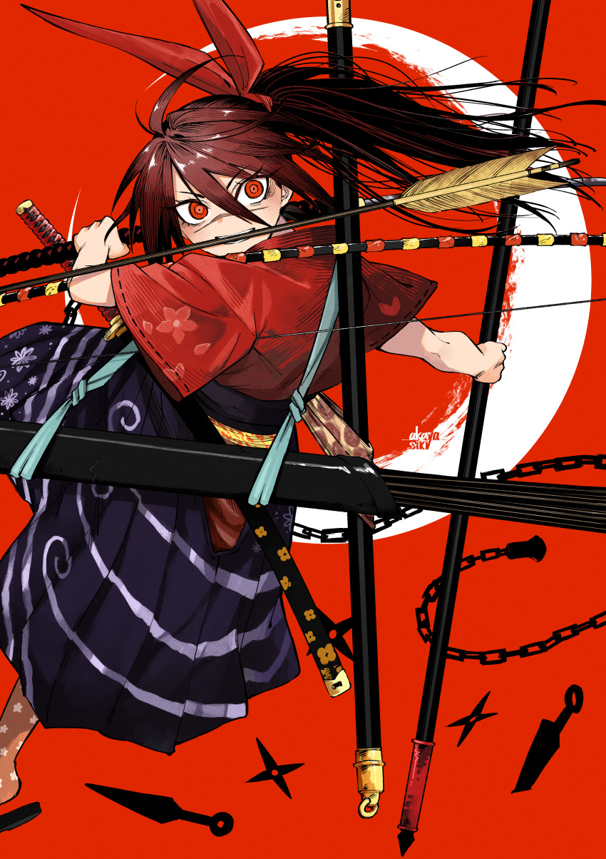 1girl absurdres ahoge akaya_shiki arrow_in_mouth artist_name bow commentary crescent_moon feet_out_of_frame floating_hair floral_print hair_between_eyes hair_bow hakama hakama_pants highres holding holding_weapon isekai_samurai japanese_clothes katana kimono kunai kusarigama long_bangs long_hair looking_at_viewer looking_back moon mouth_hold nagamaki orange_socks pants ponytail print_hakama print_socks purple_hakama red_background red_bow red_eyes red_hair red_kimono ringed_eyes scar scar_across_eye sheath sheathed short_sleeves shuriken sickle smile socks solo sword tsukitsuba_ginko v-shaped_eyebrows weapon wide-eyed yumi_(bow)