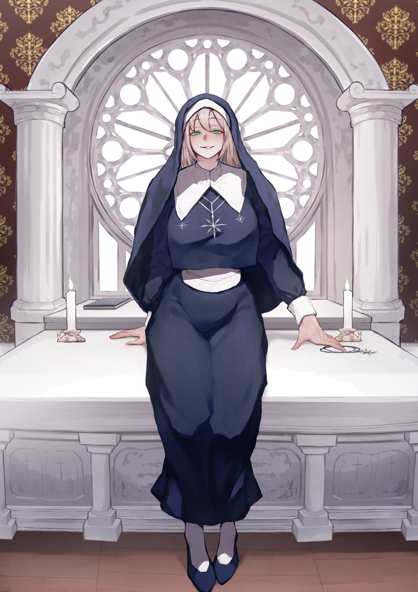 1girl absurdres blonde_hair bluecup book candlelight church green_eyes grin highres looking_at_viewer nun short_hair sitting smile traditional_nun