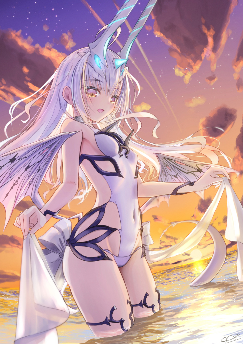 1girl asobeco bare_shoulders blush breasts cloud dragon_tail dragon_wings fate/grand_order fate_(series) forked_eyebrows gradient_sky highres horns long_hair looking_at_viewer melusine_(fate) melusine_(swimsuit_ruler)_(fate) melusine_(swimsuit_ruler)_(second_ascension)_(fate) ocean one-piece_swimsuit open_mouth orange_sky purple_sky sidelocks sky small_breasts smile solo sunset swimsuit tail thighlet thighs twilight wading white_hair white_one-piece_swimsuit wings yellow_eyes