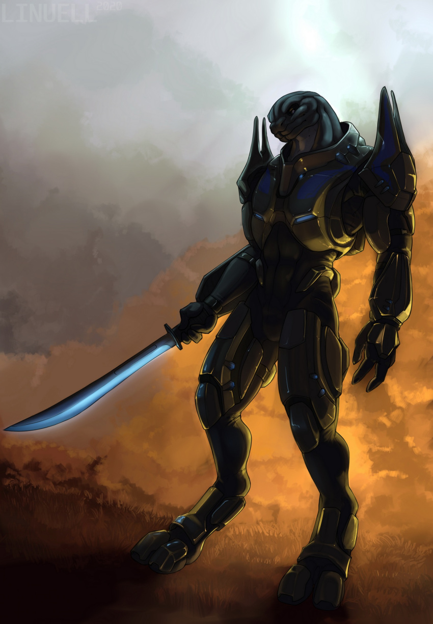 2020 alien armor clothed clothing digital_media_(artwork) halo_(series) hi_res holding_object holding_weapon humanoid linuell male melee_weapon microsoft sangheili simple_background solo standing sword weapon xbox_game_studios